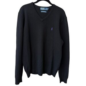 Polo Ralph Lauren Mens V Neck Sweater Black Purple Pony Logo Lambswool Size XL